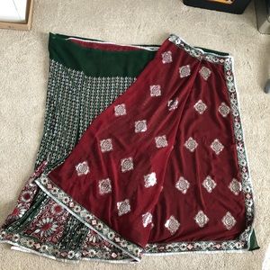 Indian Saree Red and Green with silver work.  Mermaid style